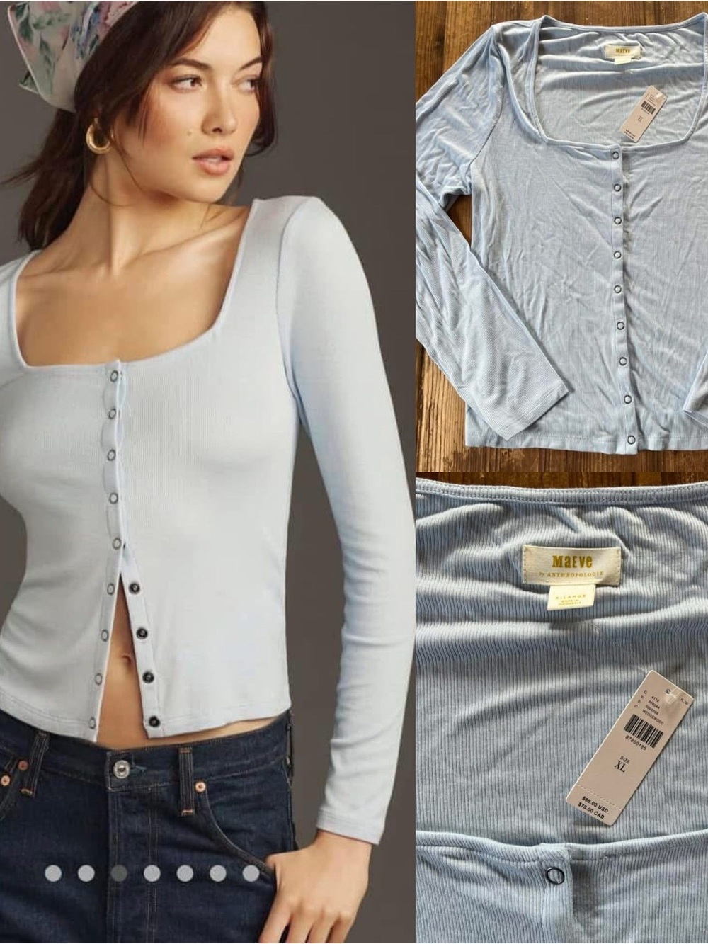 Anthropologie Maeve Light Blue Ribbed Button-Front Long Sleeve Top, nwt, XL